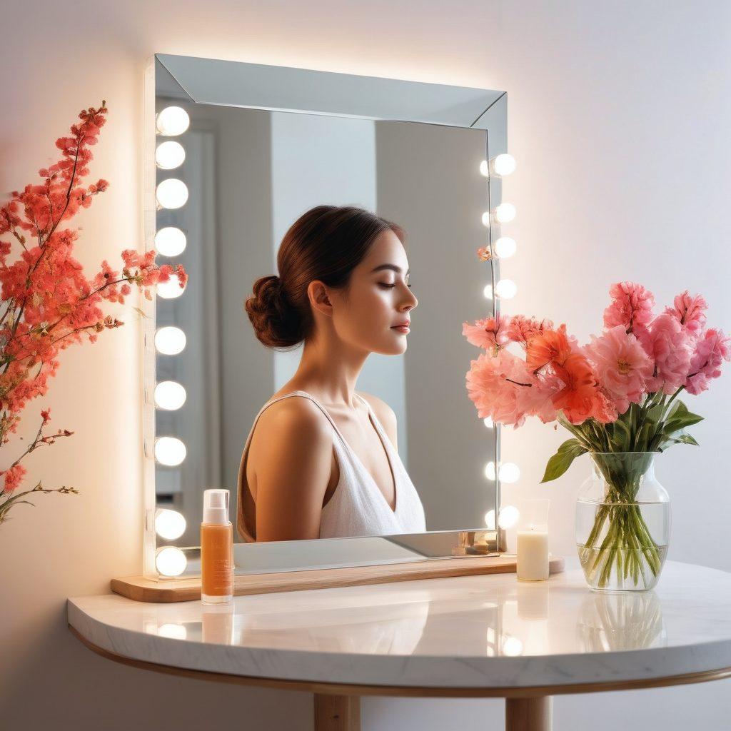 A person standing before a mirror, glowing with inner radiance, after a stunning transformation. Elegant elements like luxurious skincare products, a blooming flower, and warm ambient light enhancing the atmosphere. Super-realistic. Vibrant colors. White background.