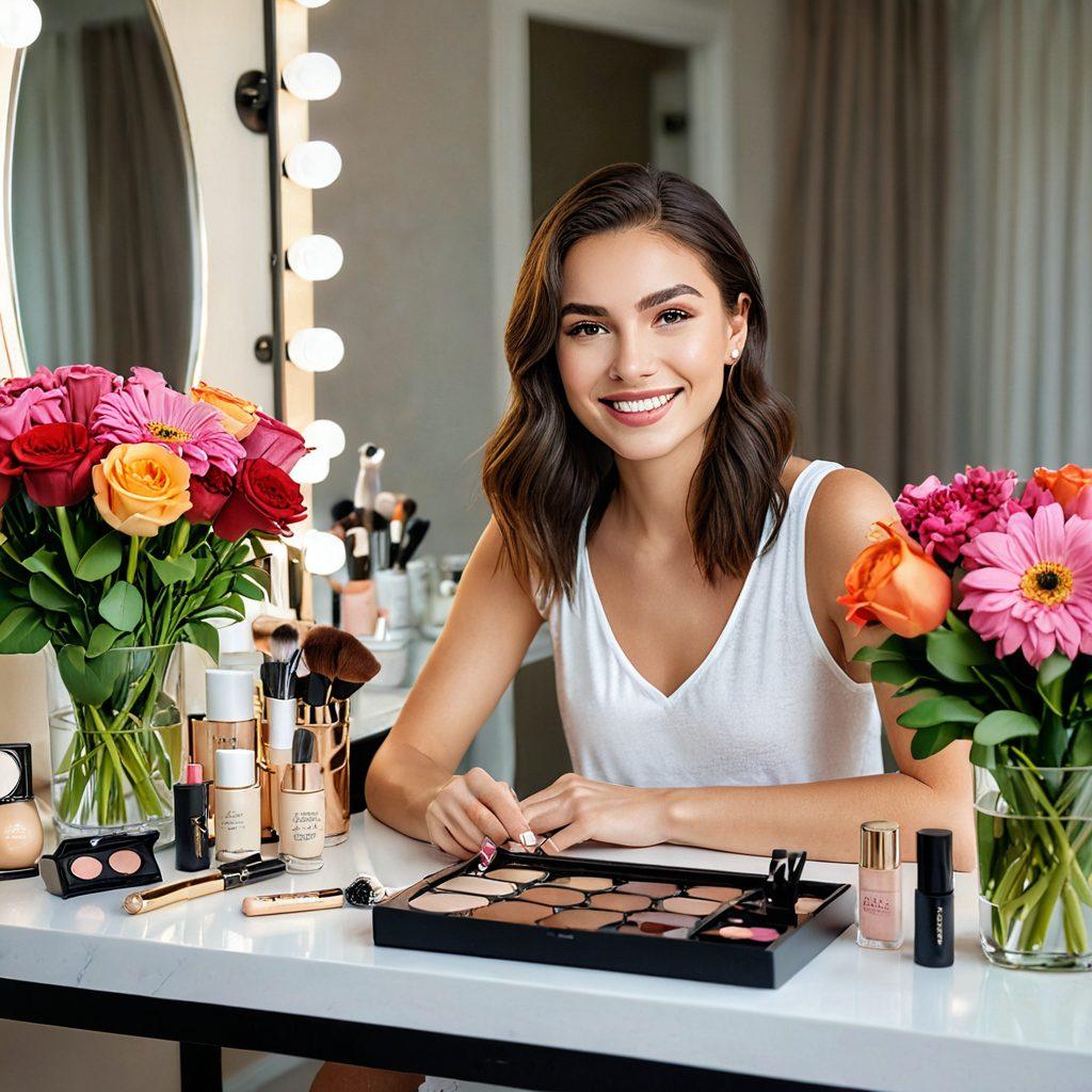A chic vanity table adorned with a variety of makeup products, skincare essentials, and beauty tools; a vibrant bouquet of flowers in the background adds a touch of elegance. A smiling young woman in the foreground, applying a spot of concealer to highlight her features. Soft, inviting lighting enhances the scene, creating a cozy yet stylish atmosphere. super-realistic. vibrant colors.