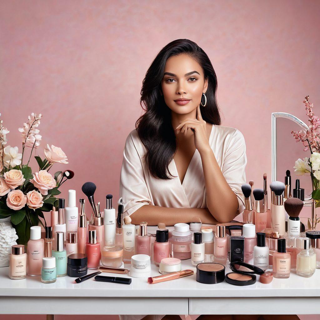 A radiant woman surrounded by 30 different beauty products, spanning skincare, makeup, and accessories, set against a luxurious vanity table. The background exudes elegance with soft pastel colors. Beauty tools such as brushes, serums, and lipsticks are artistically arranged, highlighting glamour and sophistication. super-realistic. vibrant colors. white background.